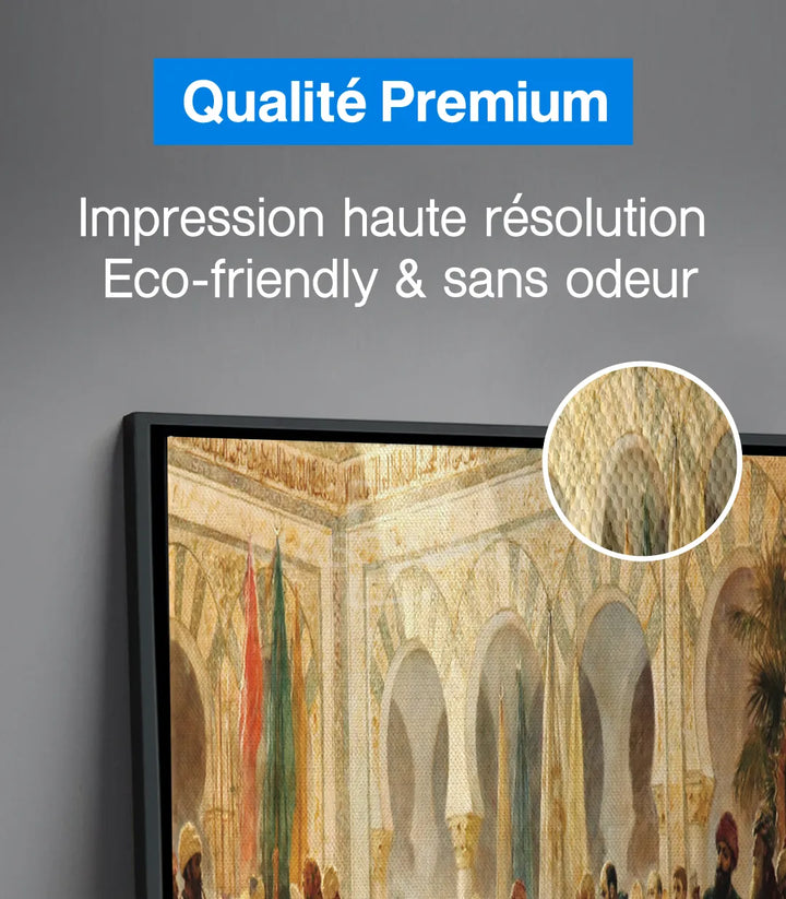 Mise en situation salon moderne, tableau cour andalouse au mur, décoration intérieur — Massinart