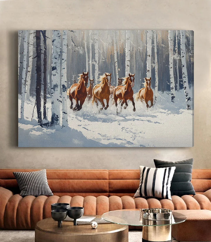 Tableau chevaux galopants forêt hivernale — détail texture peinture acrylique premium Massinart