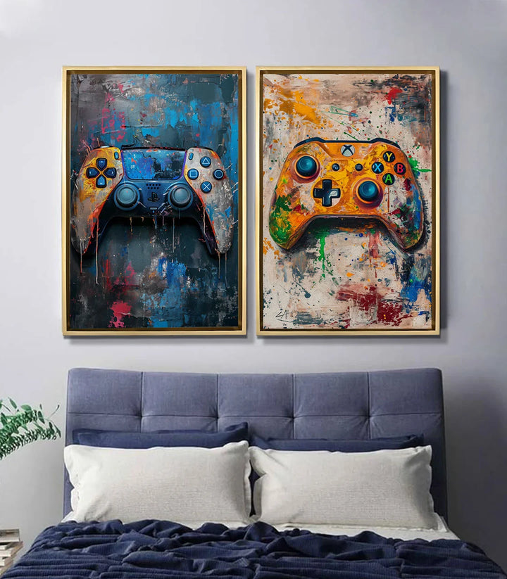 Tableau manette gaming orange expressionniste Massinart — fond grunge crème et couleurs