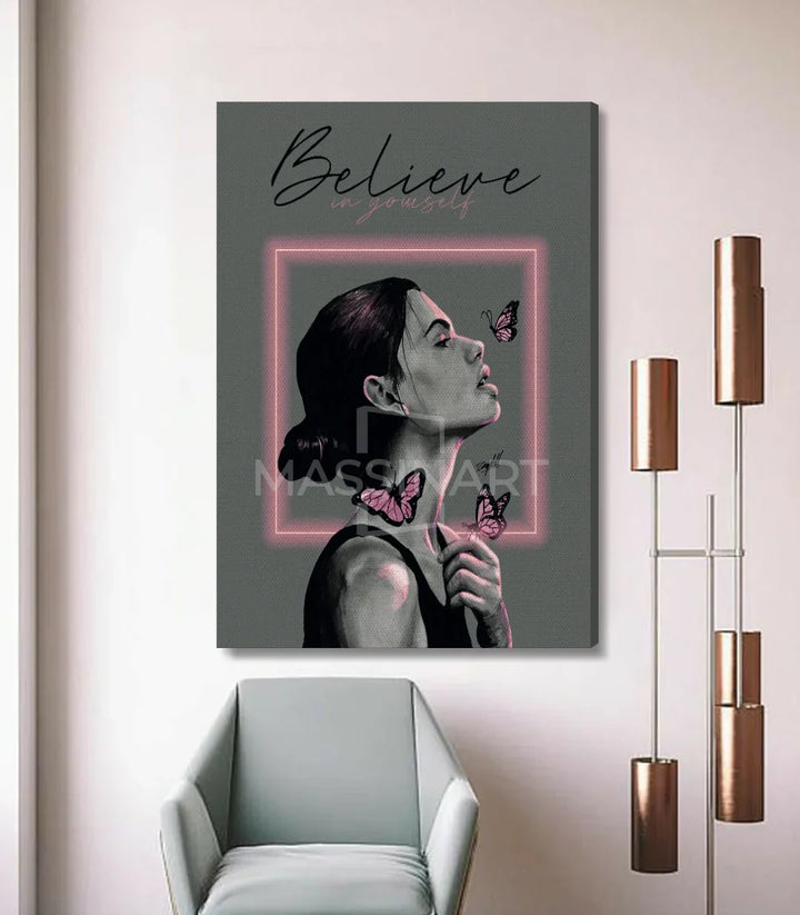 Tableau Belief detail portrait feminin neon rose Massinart