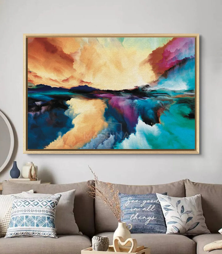 Tableau abstrait explosion chromatique dans salon contemporain avec canapé beige — Massinart