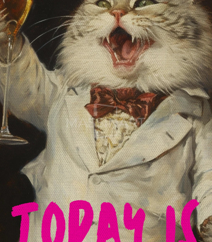 Détail painting — Chat blanc riant avec champagne, palette noir-beige-magenta