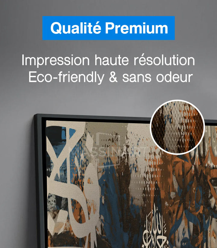 Composition abstraite tableau Al Ajr, palette bleu marron beige, Massinart