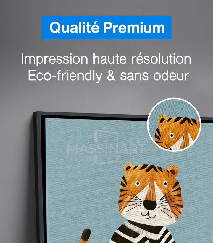 Tableau enfant Tiger Ride détail tigre aux lunettes caractère amusant Massinart
