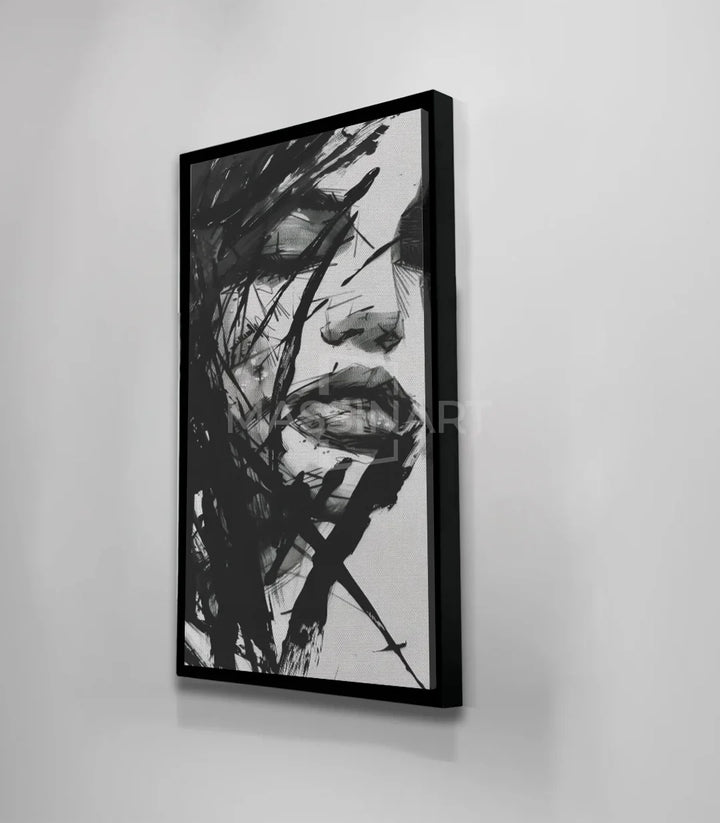 Mise en scène décoration salon — Tableau Unbroken portrait noir et blanc Massinart