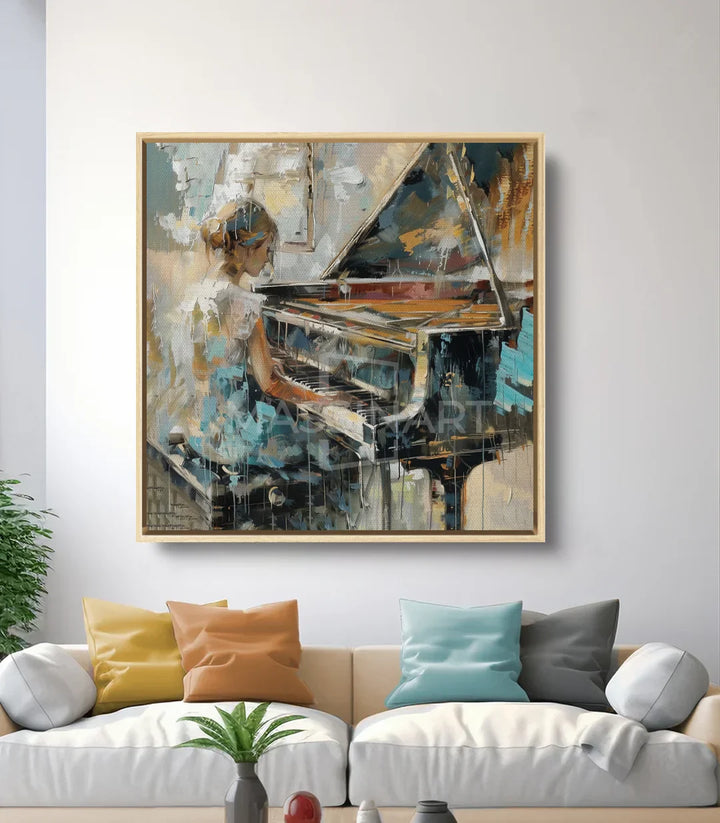 Mise en situation salon moderne Tableau First Note Massinart — cadre noir sur mur clair avec coussin turquoise
