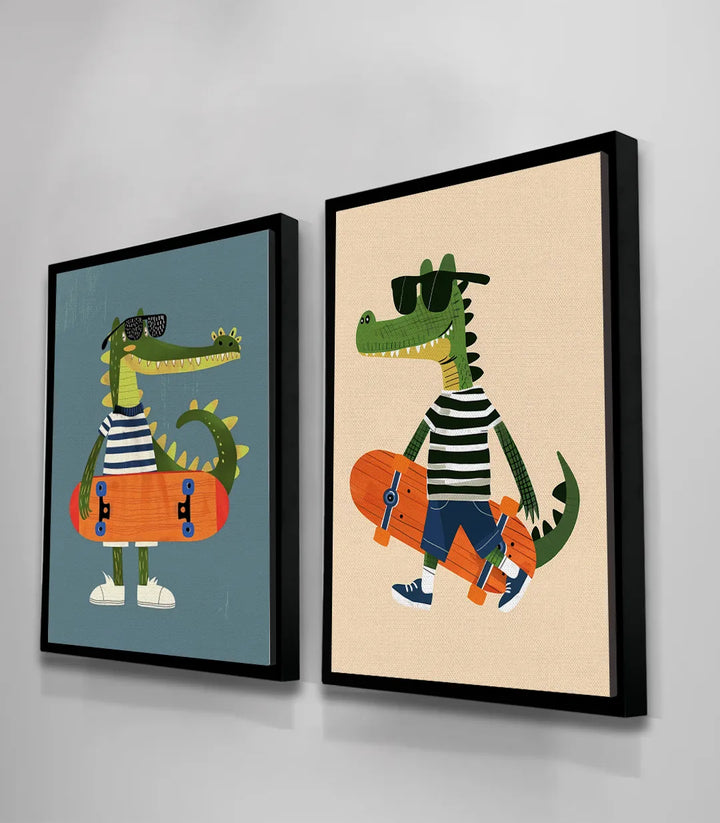 Illustration crocodile urbain planche à roulettes chambre garçon — Massinart
