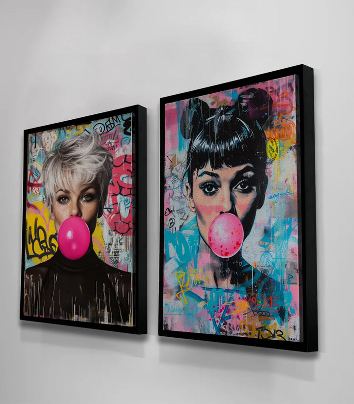 Tableau Bubble Icons diptyque — ensemble complet deux toiles encadrées style street-art Massinart