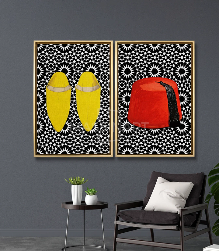 Mise en situation salon moderne — Tableau Moroccan Elegance diptyque décoration mur gris Massinart