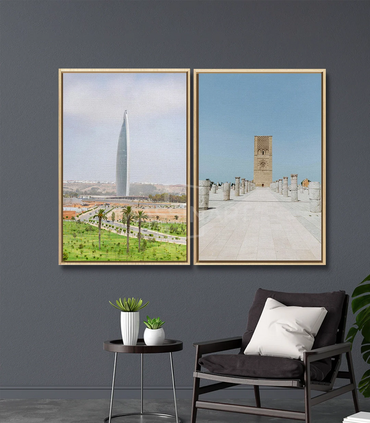 Tableau Rabat Now & Then Massinart — mosquée historique minaret beige ciel bleu