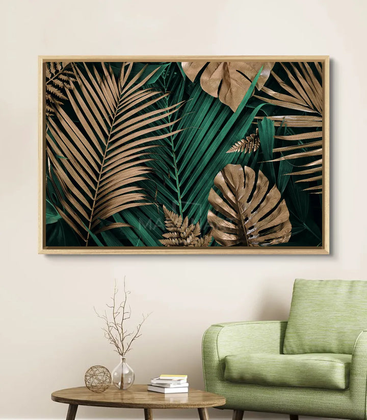 Décoration intérieur séjour — Tableau botanique jungle avec feuilles tropicales, décor minimaliste, Massinart