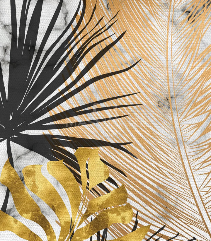 Gros plan texture - feuilles tropicales dorées sur fond marbre veiné, Massinart