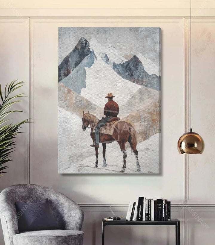 Tableau Cowboy western vertical en décoration chambre à coucher minimaliste — Massinart
