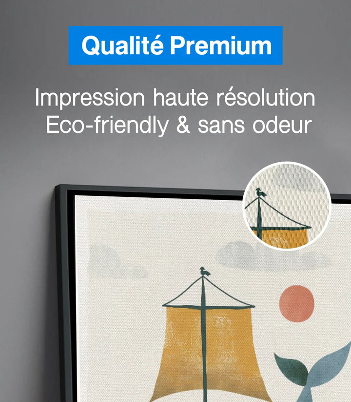 Détail couleurs — Tableau Whale Ride nuances bleu beige jaune Massinart