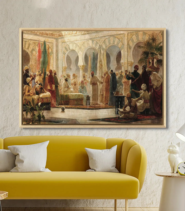 Mise en situation salon moderne, tableau cour andalouse au mur, décoration intérieur — Massinart