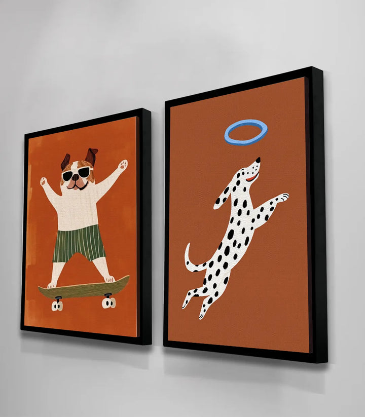 Détail tableau Joyful Paws — bouledogue cool skateboard palette orange contemporain Massinart