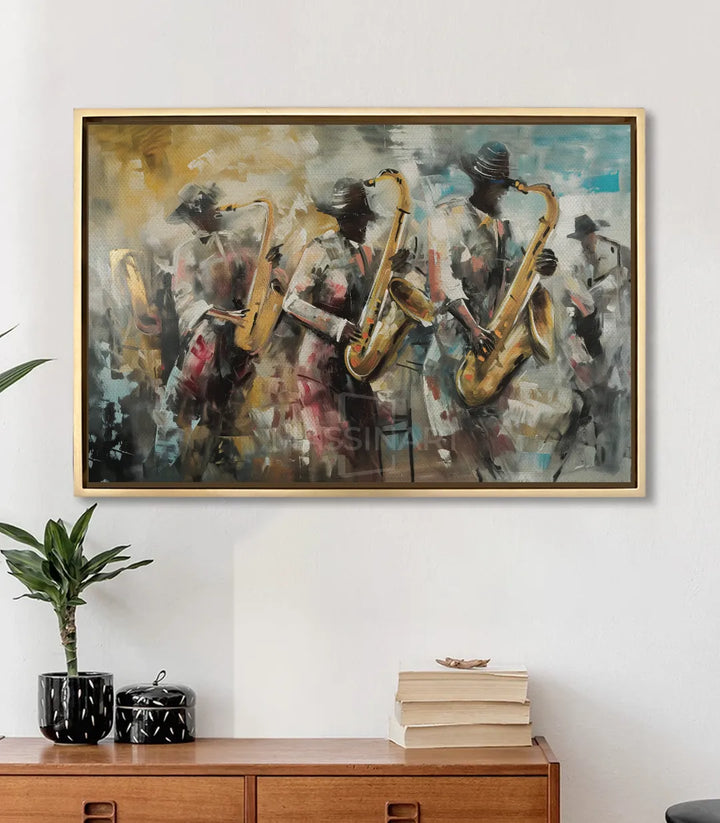 Mise en situation salon moderne — Tableau All about Jazz Massinart au-dessus d'un meuble en bois naturel
