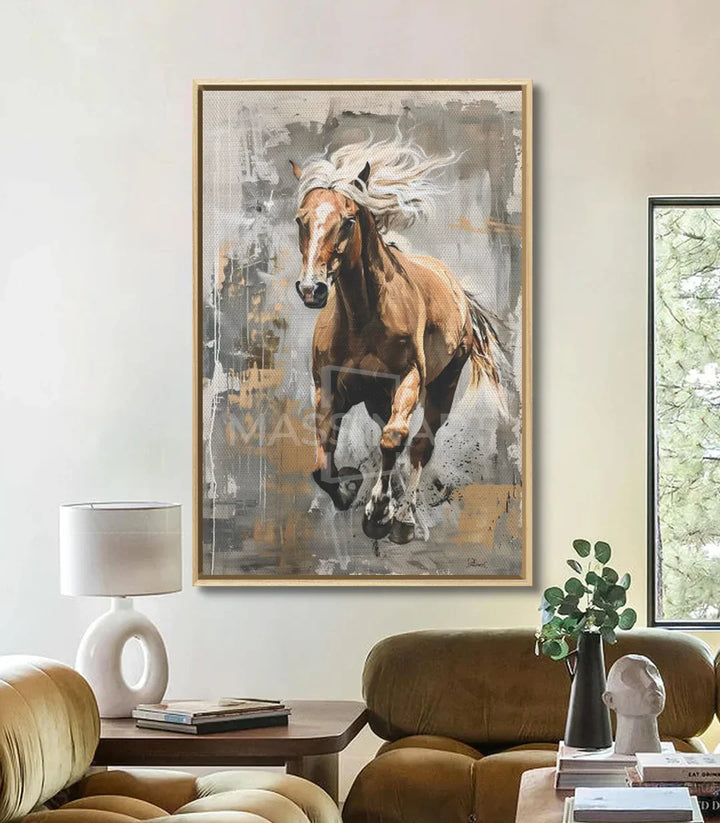 Décoration intérieur séjour avec tableau cheval au galop Massinart
