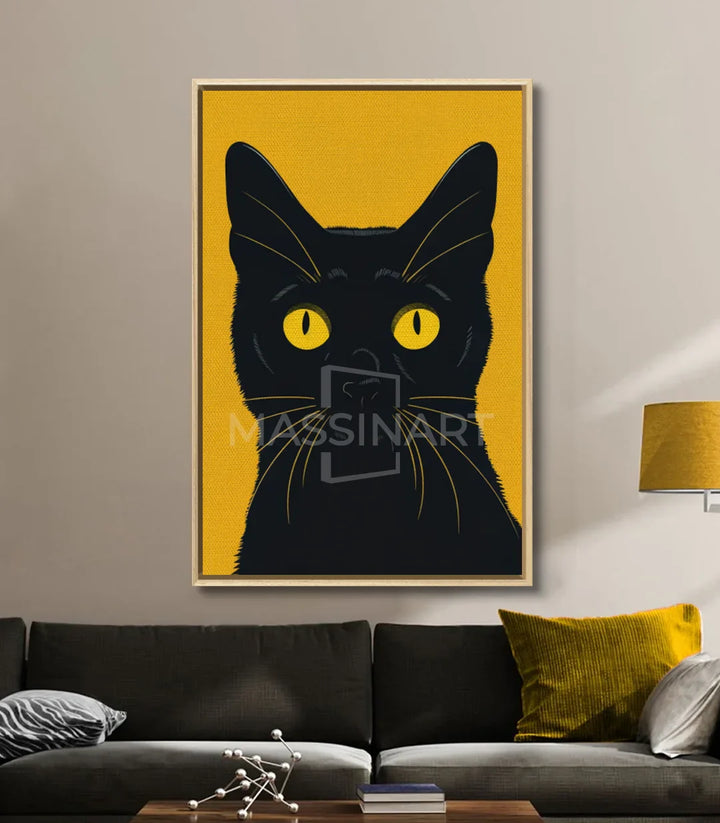 Détail tableau chat pop-art, regard intensif yeux jaunes — Massinart