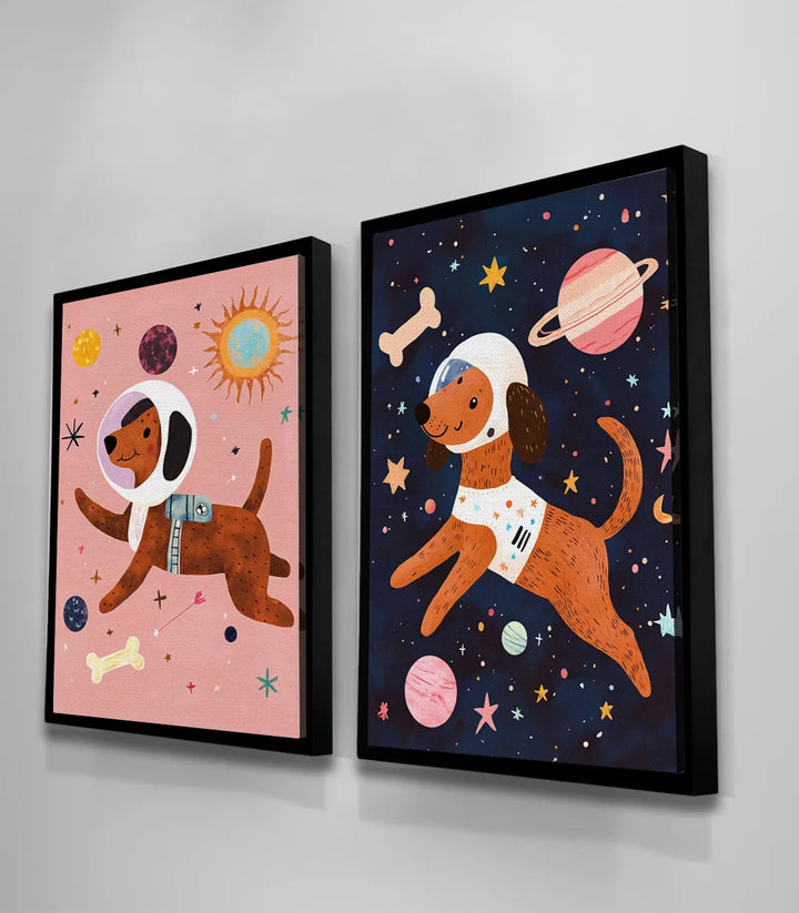 Chambre enfant décorée Astro Dogs diptyque chiens astronautes rose bleu — Massinart