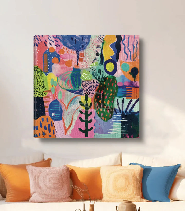 Tableau Sylvan Muse ambiance salon canapé orange blanc bleu — Massinart