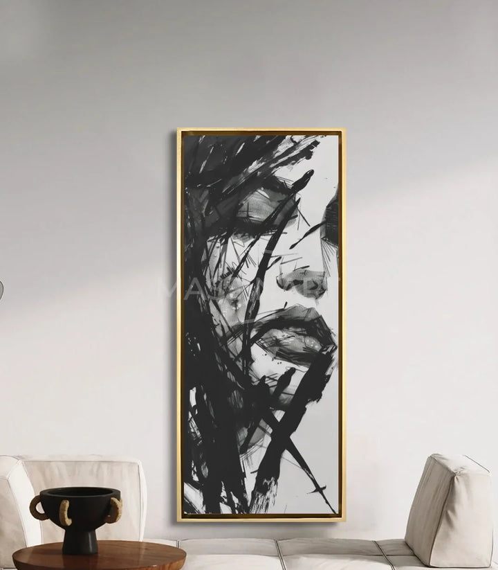 Mise en situation salon moderne — Tableau Unbroken portrait noir et blanc encadré Massinart