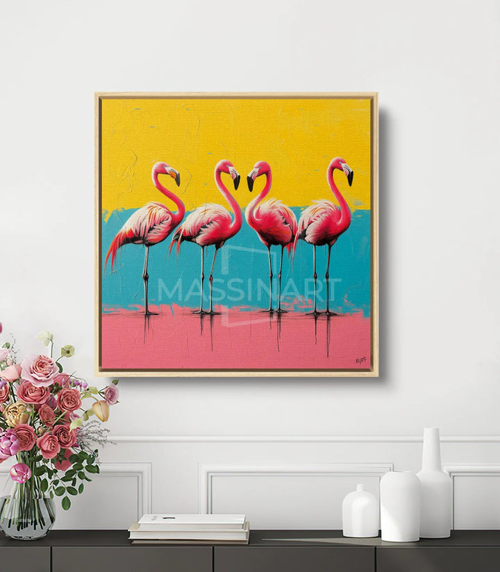 Tableau Flamingo Quartet en décoration intérieur salle à manger, ambiance colorée Massinart