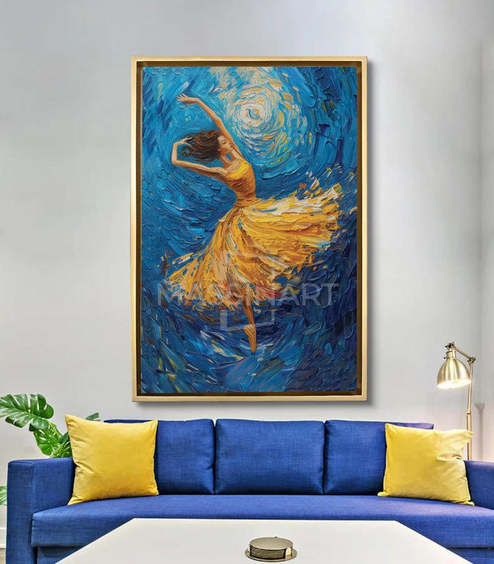 Mise en situation salon moderne, tableau danse murale bleu — Massinart