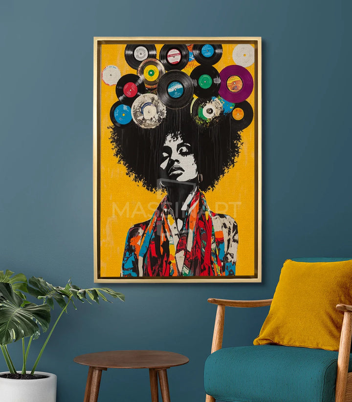 Tableau Melody and Soul Massinart — mise en situation salon moderne mur bleu gris, décoration murale pop-art