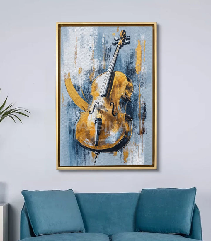 Tableau Cello Massinart — mise en situation salon moderne canapé bleu