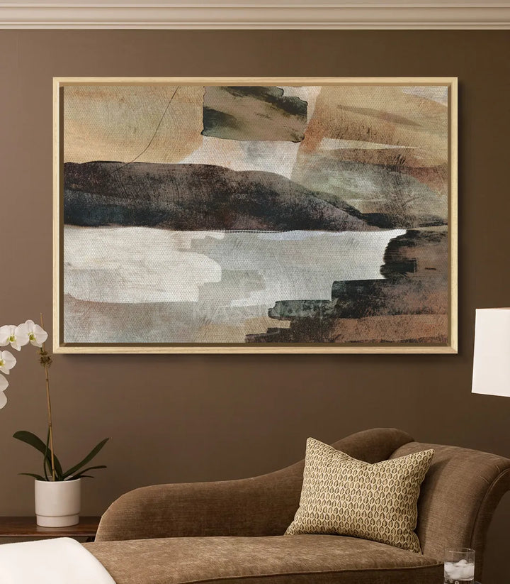 Tableau abstrait paysage horizontal noir beige blanc, cadre gris foncé, ambiance épurée Massinart