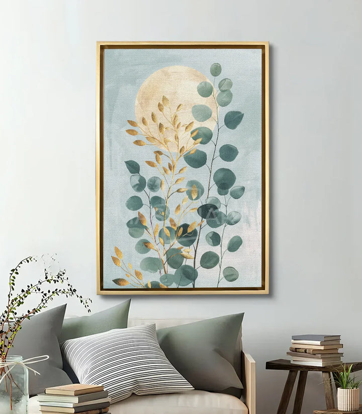 Mise en situation salon moderne — Tableau eucalyptus lune doré Massinart au-dessus du canapé