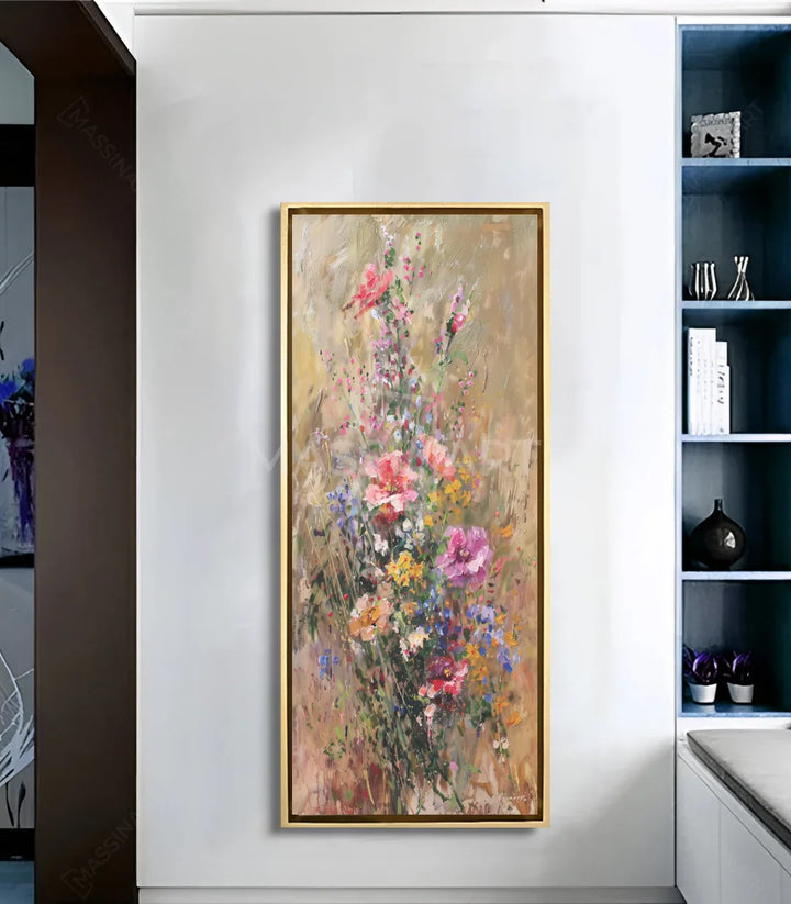Mise en situation salon moderne tableau fleurs impressionniste vertical Massinart