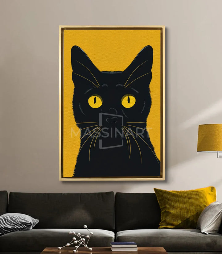 Mise en situation salon moderne, tableau chat noir jaune au-dessus canapé — Massinart