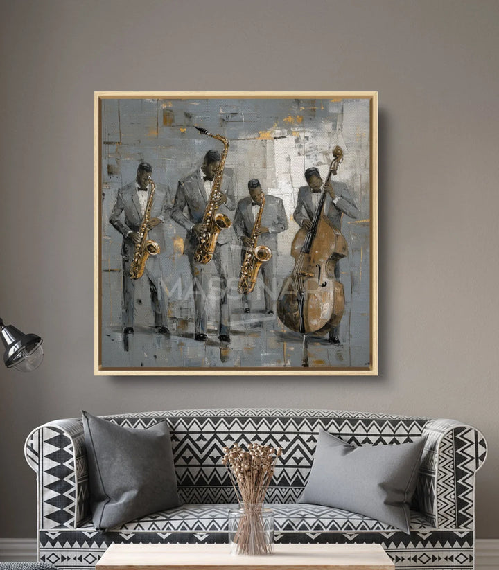 Décoration intérieur séjour — Tableau Band Vibes encadré noir mur gris clair Massinart