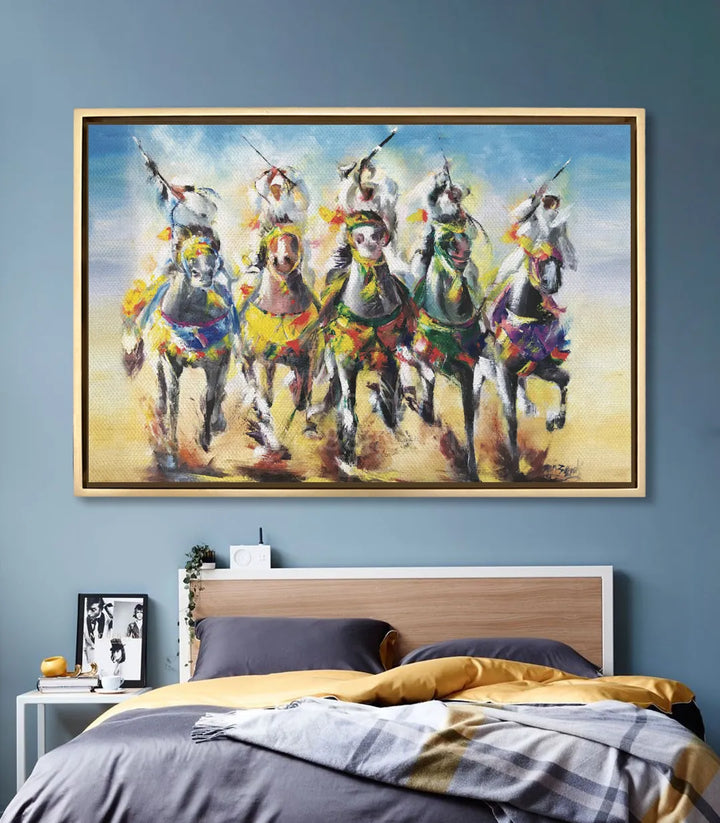 Tableau Tbourida mise en situation décoration chambre bleu — Massinart