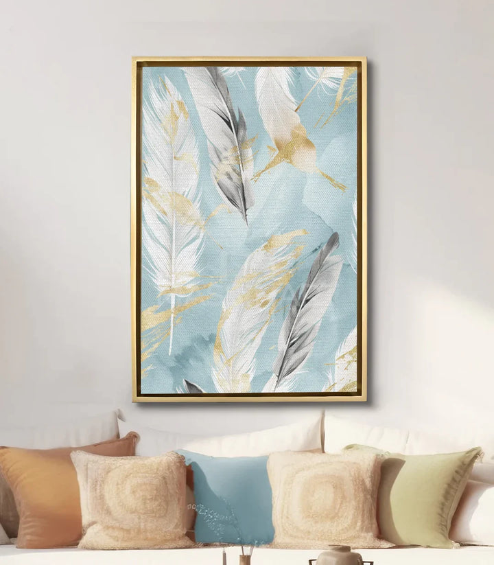 Tableau Softness plumes dorées mise en situation salon moderne Massinart