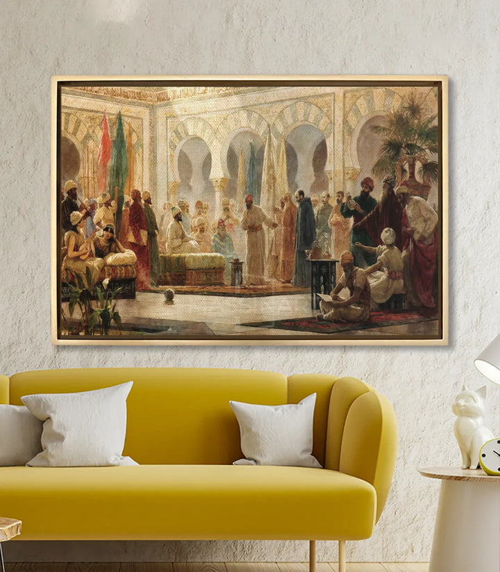 Mise en situation salon moderne, tableau cour andalouse au mur, décoration intérieur — Massinart
