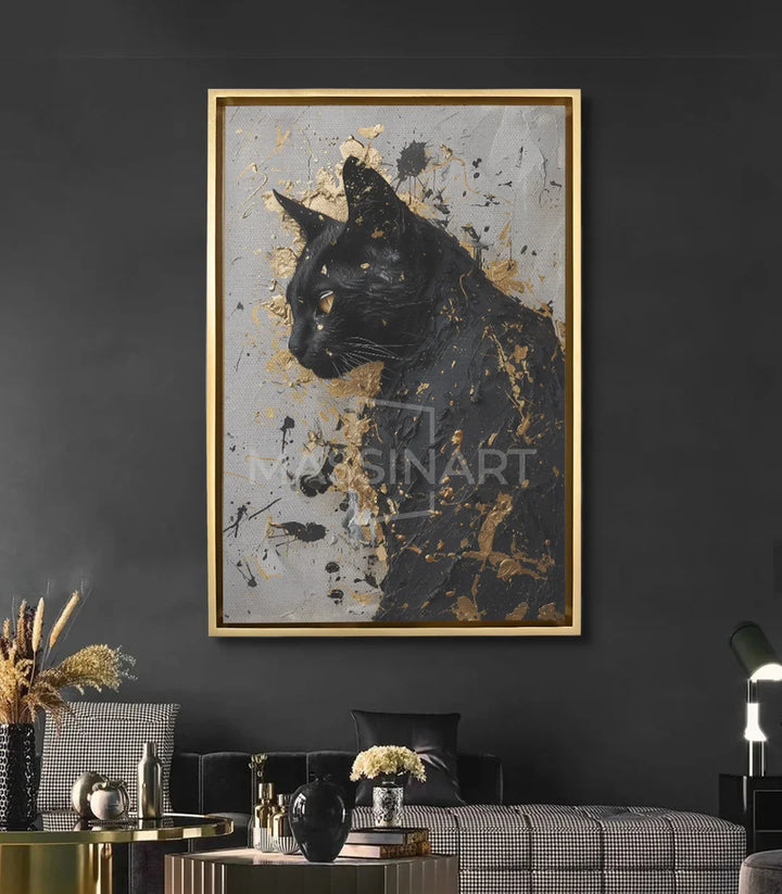Mise en situation salon moderne — tableau chat noir Noble Shadows Massinart