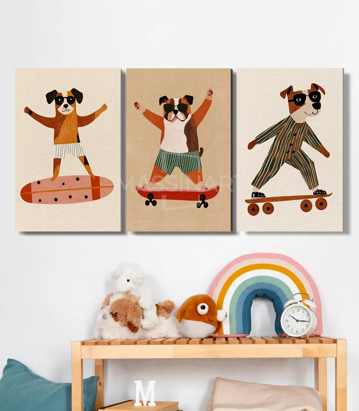 Mise en situation Puppy Skaters triptyque chambre enfant avec décoration Massinart