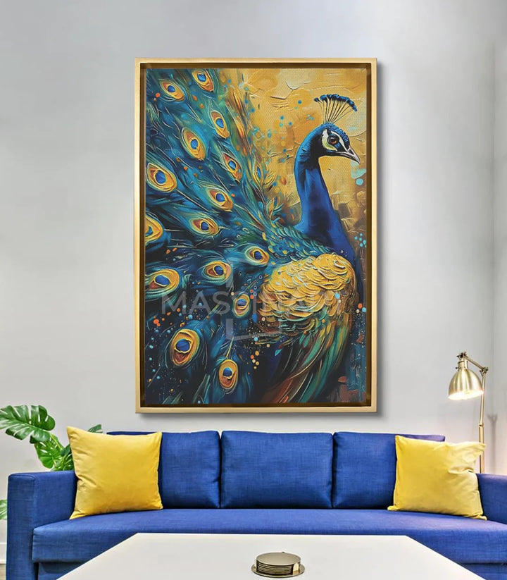 Mise en situation tableau paon salon moderne canapé bleu Massinart