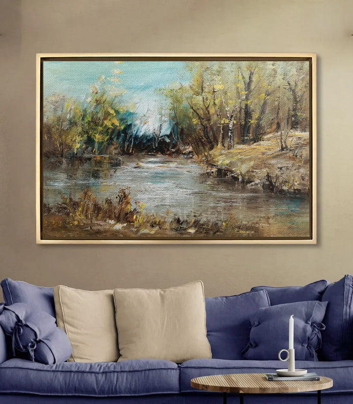 Mise en situation salon moderne tableau paysage rivière Massinart