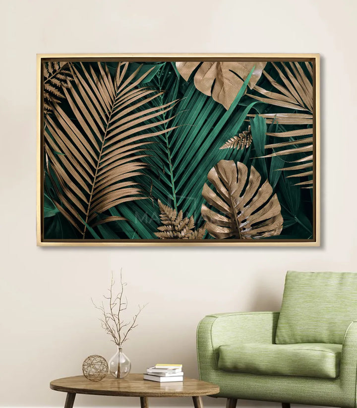 Mise en situation salon moderne — Tableau Exotique Jungle horizontal au-dessus canapé vert, Massinart