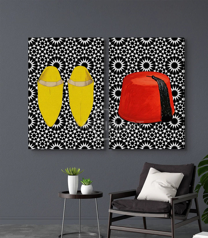 Tableau art marocain — détail babouches jaunes motifs géométriques zellige Massinart
