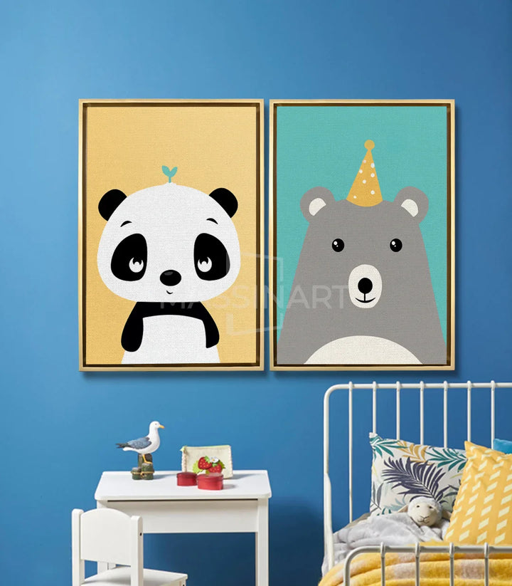 Mise en situation chambre enfant avec diptyque Panda and Bea turquoise et jaune