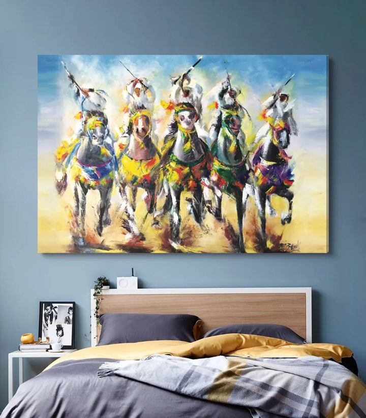 Tableau Tbourida cavaliers fantasia couleurs vives détail signature — Massinart