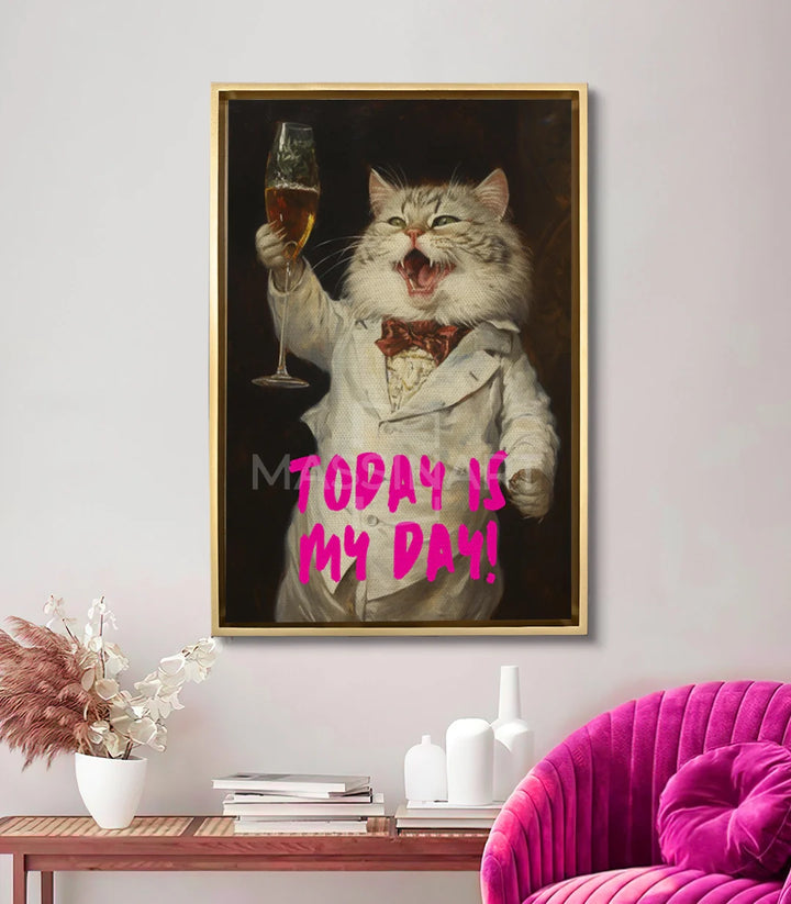 Mise en situation salon moderne — Tableau Cheers Kitty au-dessus console gris avec décoration minimaliste