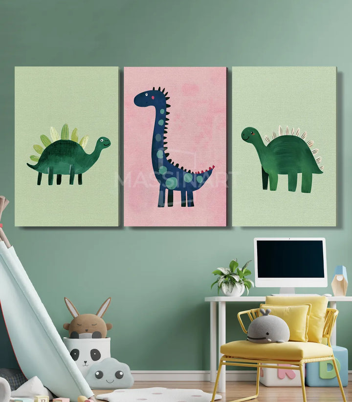 Mise en situation triptyque dinosaures chambre enfant Massinart