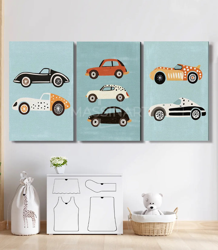 Mise en situation salon moderne triptyque voitures Massinart enfants