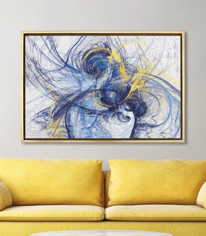 Tableau Fractal Motion mise en situation salon moderne jaune Massinart